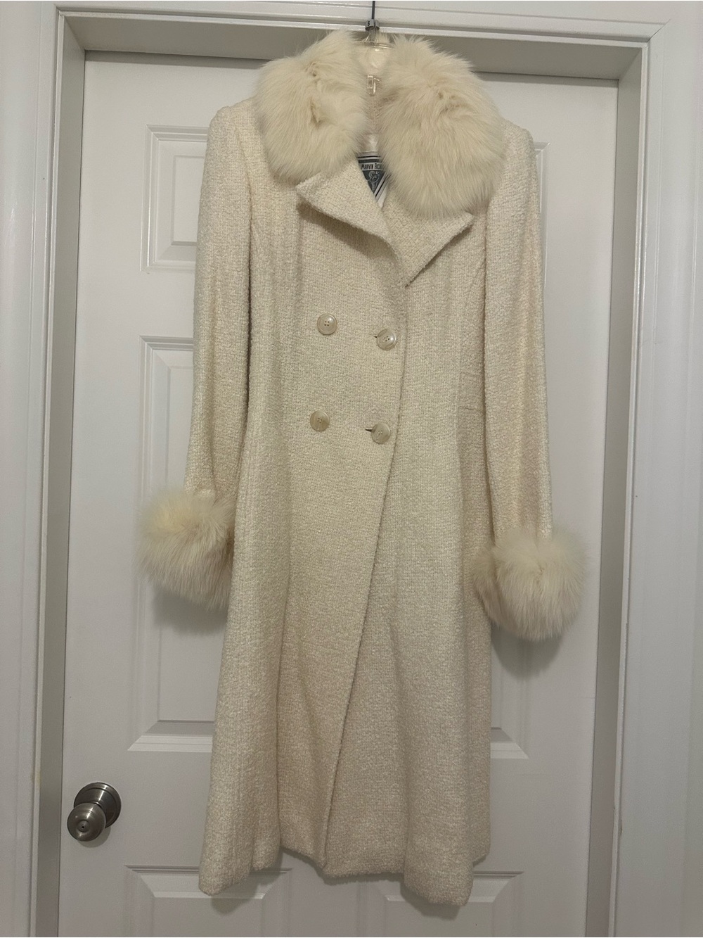 Marvin Richard’s Cream Fur Trim Double-Breasted Coat